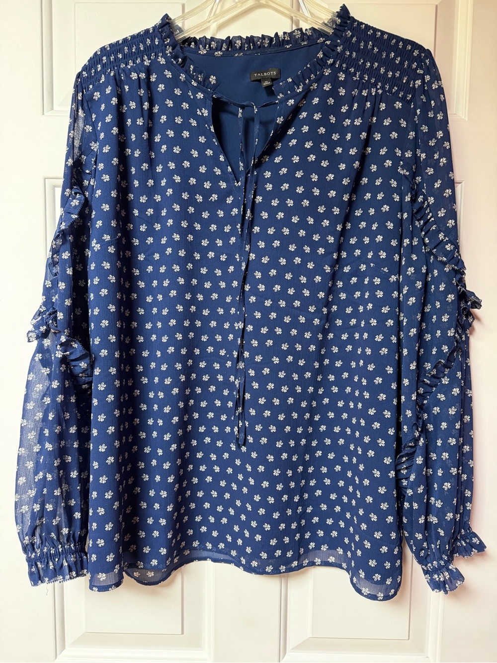 Talbots Navy Blue Floral Tie-Front Smocked Blouse